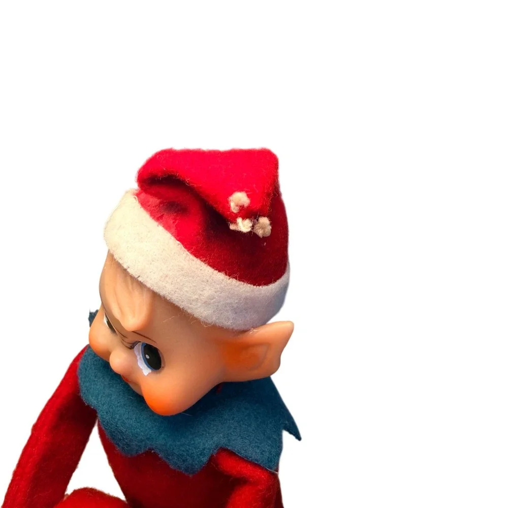 Vintage Christmas Elf Knee Hugger 1960s Red Felt Rubber Face Kitsch Decor